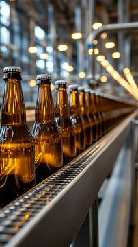 Experience the intricate bottling process at a modern brewery, showcasing amber bottles moving efficiently along a conveyor