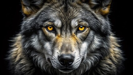 Fierce Wolf Eyes - AI Photo, Yellow Eyes, Black Background, Wild Animal, Primal Energy