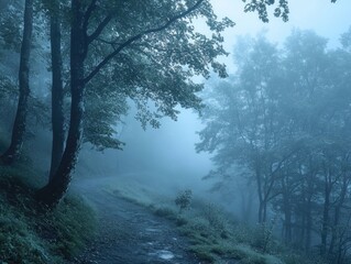 Naklejka premium Misty trail through a dense forest at dawn.