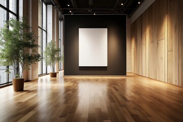 Modern Art Gallery Interior with Spacious Floor and Empty Canvas on Wall Surrounded by Plants and Natural Light