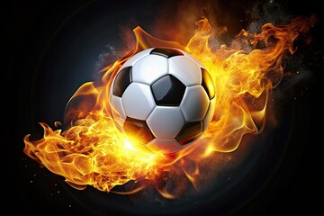 Naklejka premium Fiery Soccer Ball, Animated, 3D Rendering, Burning Soccer, Black Background