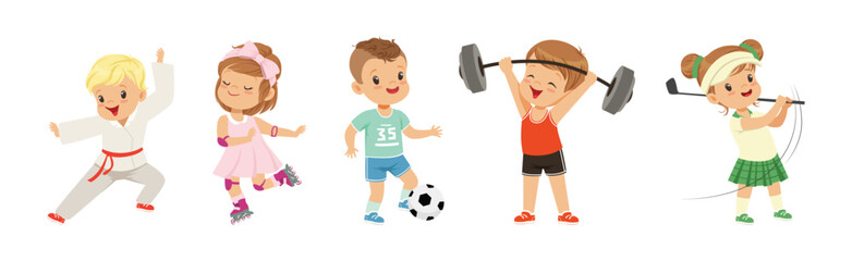 Obraz premium Happy Children Playing Sport and Doing Physical Activity Vector Set