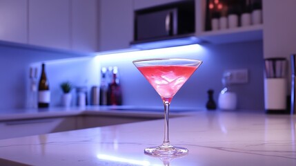 A stylish pink cocktail in a martini glass sits on a sleek kitchen counter, illuminated by ambient lighting.