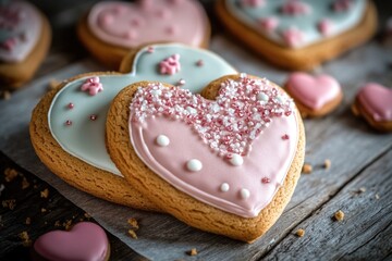 A close-up shot of a heart-shaped cookie on a table, ideal for romantic occasions or Valentine's Day themed content