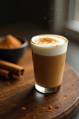 Frothy cappuccino coffee in a glass on a wooden table with a bowl of cinnamon nearby, cup, liquid, top