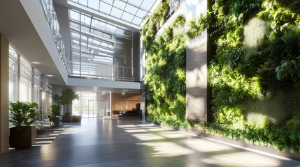 Modern Sustainable Interior with Living Wall, Lush Green Plants, Skylights, and Abundant Natural Light, Premium Architecture Design Render