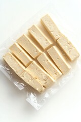 A plastic bag with a white block of cheese inside. The cheese is cut into small pieces