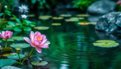 Pink Lotus Blossoms Float Serenely On Dark Green Water