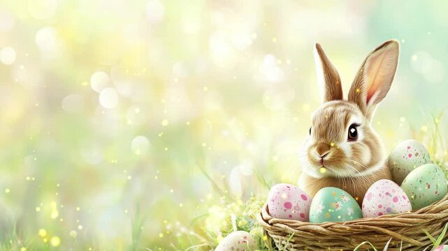 Basket of easter eggs with rabbit, blurred background. Happy easter eggs day.