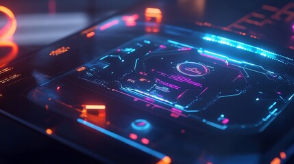 Obraz premium Futuristic glowing circuit board with neon lights and digital elements design, technology background concept