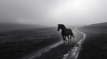 Majestic horse galloping on misty country road