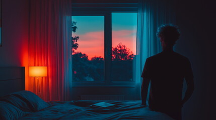 Fototapeta premium Cinematic Portrait of a Person Gazing Out a Window at Night with a Melancholic Reflection
