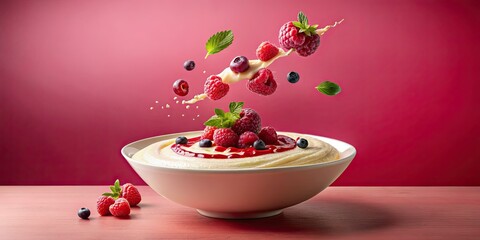 Floating Semolina Porridge with Berry Sauce - AI Food Photography