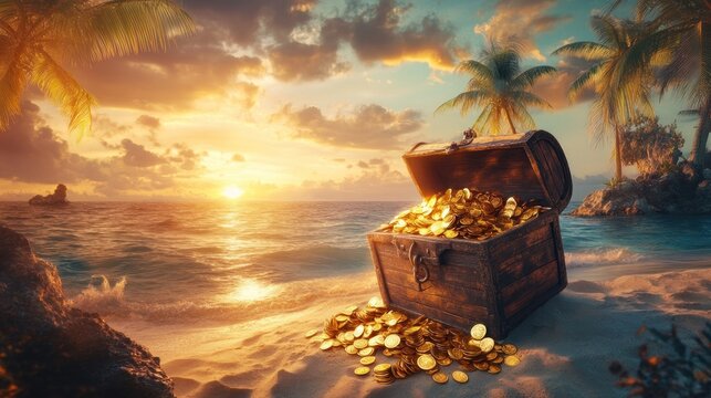 Tropical sunset, beach treasure chest, gold coins, island paradise
