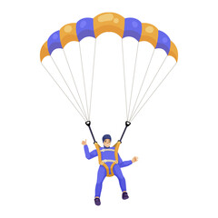 Skydiver in blue and orange gear glides with parachute in clear sky. White background. Concept of adventure and extreme sports. Vector illustration