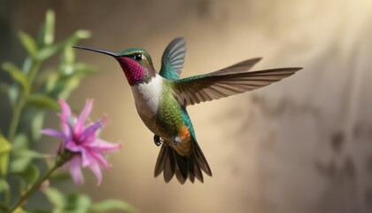 Fototapeta premium Hummingbird in flight with blurred background, wind, motion