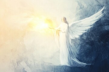Naklejka premium Ethereal angelic figure radiates light, symbolizing hope and div