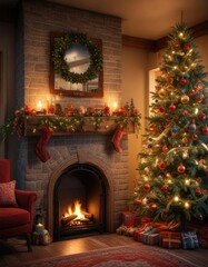 Inside a Christmas house with a large fireplace and decorated mantel, holly, plush carpets, fireplace