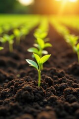 Rows of tiny seedlings emerge in warm sunlight, soil, field