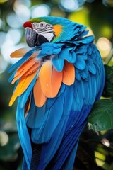 Obraz premium A blue and orange parrot is perched on a tree branch. The bird's feathers are vibrant and colorful, making it a beautiful and eye-catching sight. Concept of freedom and natural beauty