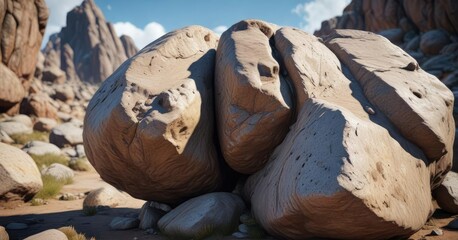 Large boulder with a tiny opening in its surface, rocky terrain, natural rock, geological formation