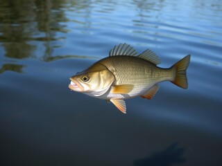 Fototapeta premium Large freshwater perch swimming near the surface of a lake on a sunny day, fishing adventure, fish swimming