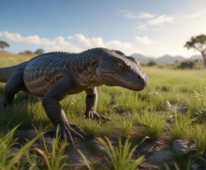 Fototapeta premium Large monitor lizard roaming through grasslands, monitors, safari, landscape