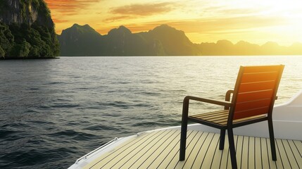 Obraz premium Serene Sunset View from a Boat with an Empty Chair by the Water and Dramatic Mountains in Background