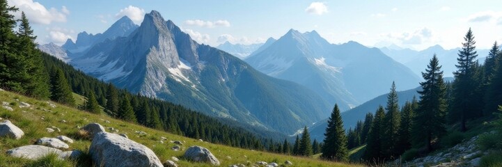 Fototapeta premium rugged landscape of granite peaks and forests, mountainside scenery, mountainous terrain, rocky outcrops