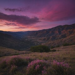 Obraz premium A valley at dusk, with pink and purple hues in the sky.