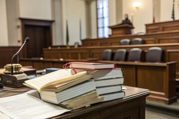 Law books and documents stacked on a table in a courtroom, paperwork organization, conference table, courtroom furniture