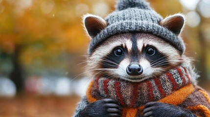 A raccoon wearing a hat and scarf on a cold day