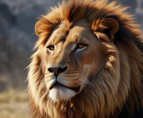 Naklejka premium Lion's face with a majestic mane and the wind blowing through its fur, majestic creature, wildlife photography, open space
