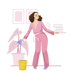 Cheerful woman cleaning a plant with a cloth, standing near a bucket, surrounded by cozy decor on a white background. Cleaning concept. Vector illustration