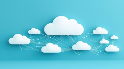 Cloud Networking Connectivity Security Speed Network of connected devices with cloud icon in center, data streams flowing between them, blue background, secure data exchange in cloud