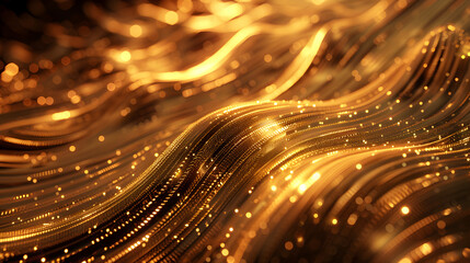 A flowing abstract design with shimmering golden waves and sparkling lights.