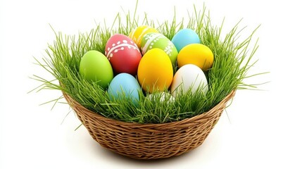 Naklejka premium Bright and Sunny Easter Scene with a Basket Filled with Colorful Eggs and Grass
