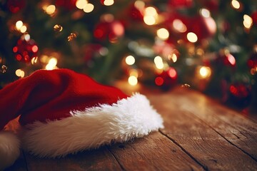 A festive Santa hat resting on a wooden table, perfect for holiday decor or winter-themed designs