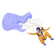 Skydiver in orange jumpsuit freefalling with a partially deployed blue parachute on white background. Concept of adventure sports. Vector illustration