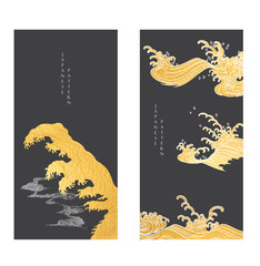 Hand drawn wave gold and black texture vector elements collection. Chinese cloud decorations in vintage style. Art abstract banner design.