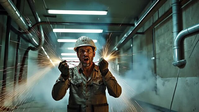 Angry Construction Worker Holding Live Electrical Wires with Sparks Flying in an Industrial Tunnel with Smoke

