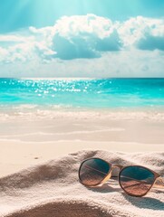 Sunglasses resting on a beach towel with a stunning ocean view under a bright sky