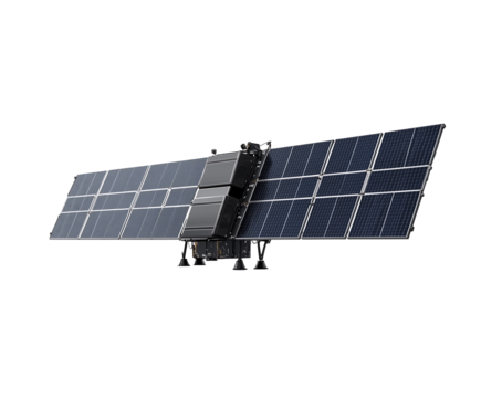 A sleek solar satellite panel array showcasing advanced technology and eco-friendly energy solutions. Isolated on transparent white background, png