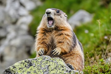A close-up of a ground squirrel standing on a rock, its mouth open in mid-expression