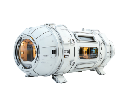 Futuristic space habitat module designed for astronauts in a sleek, white exterior. Isolated on transparent white background, png	
