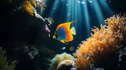 Fototapeta premium Tropical sea underwater fishes on coral reef. Aquarium oceanarium wildlife colorful marine panorama landscape nature snorkel diving