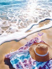Relaxing on a beach towel with a hat and a refreshing drink beside the gentle waves at sunset