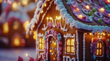 Fototapeta premium A detailed view of a decorated gingerbread house with festive lights