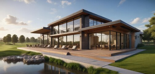 Fototapeta premium Modern clubhouse with expansive deck overlooking golf course, patio furniture, modern clubhouse