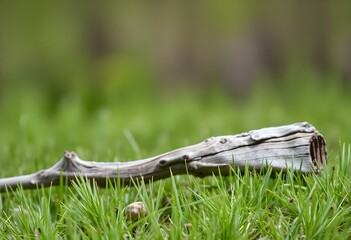 Fototapeta premium A weathered branch rests in vibrant green grass, contrasting textures nature scene